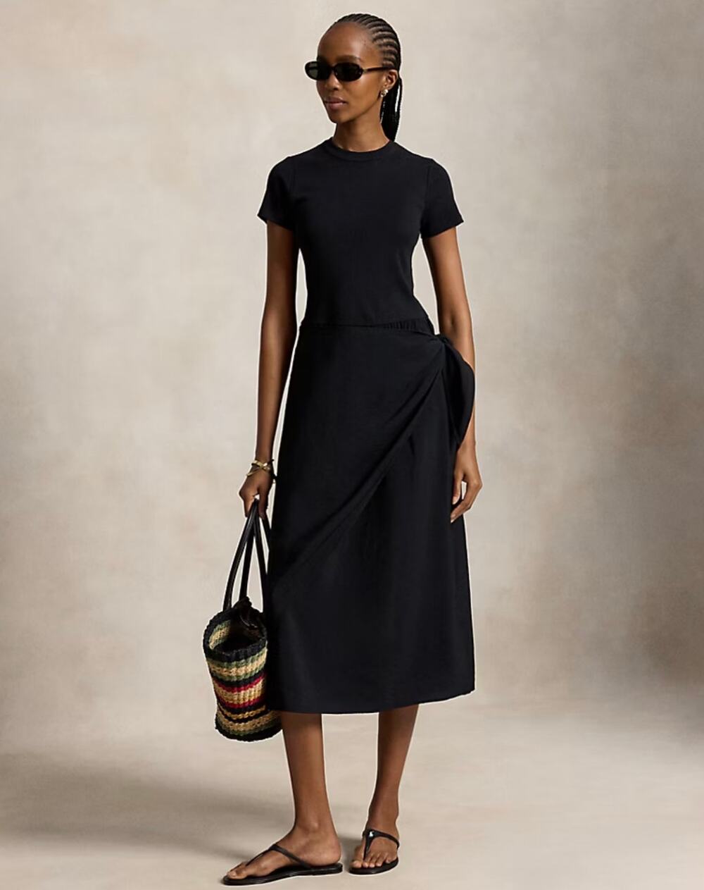 Polo Ralph Lauren Faux Wrap Tee Dress Black Midi Tie Waist Size Large